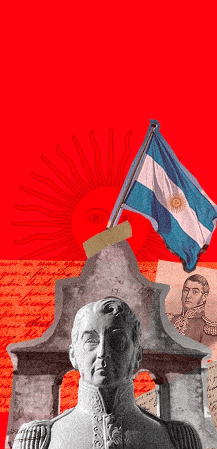 Museo Histórico Sanmartiniano — collage con bandera argentina y busto de San Martín sobre rojo